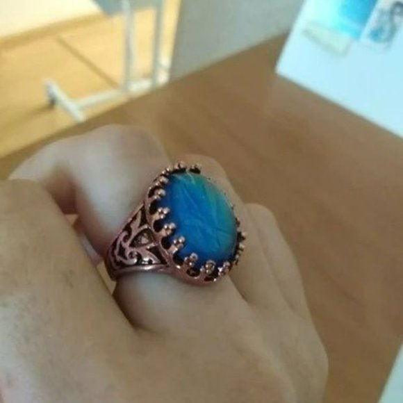 Men's Retro Blue Glass Mosaic Rose Gold Turkish Ring - Picture 6 of 8